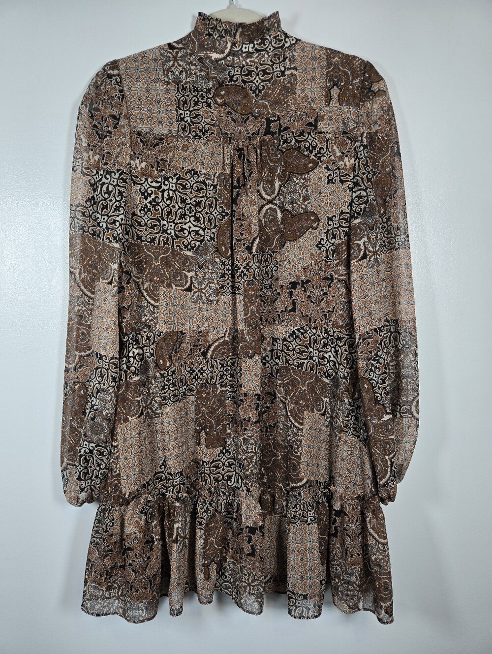 House Of Harlow 1960 Brown Tan Boho Paisley Sparkle Chiffon Peplum Dress Size 10 - Picture 12 of 16